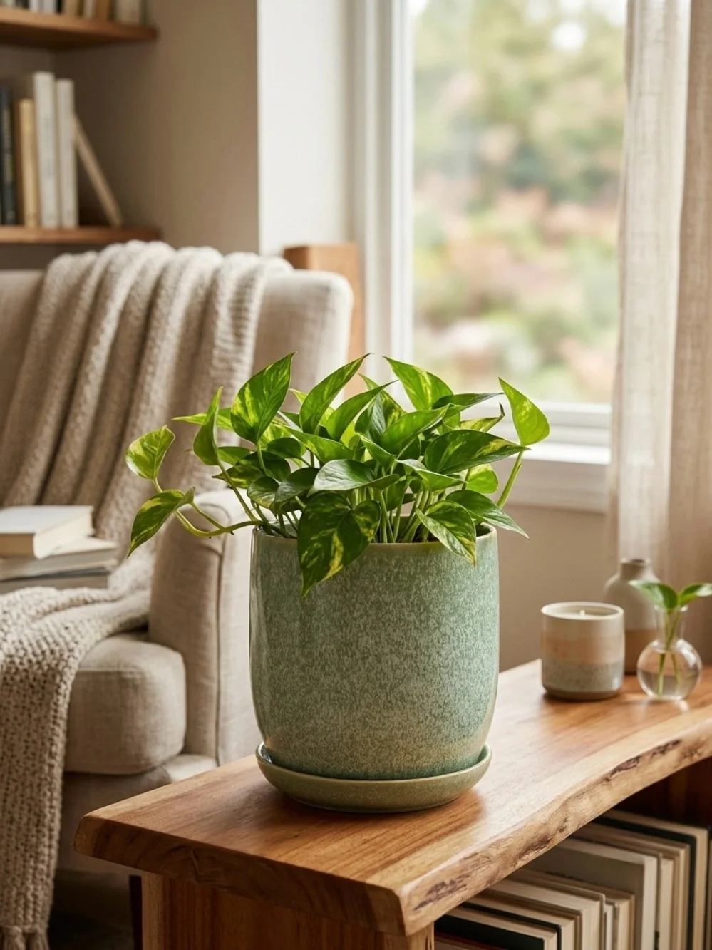 Light Green Ceramic Planter with Attached Saucer | 7 Inch Flower Pot